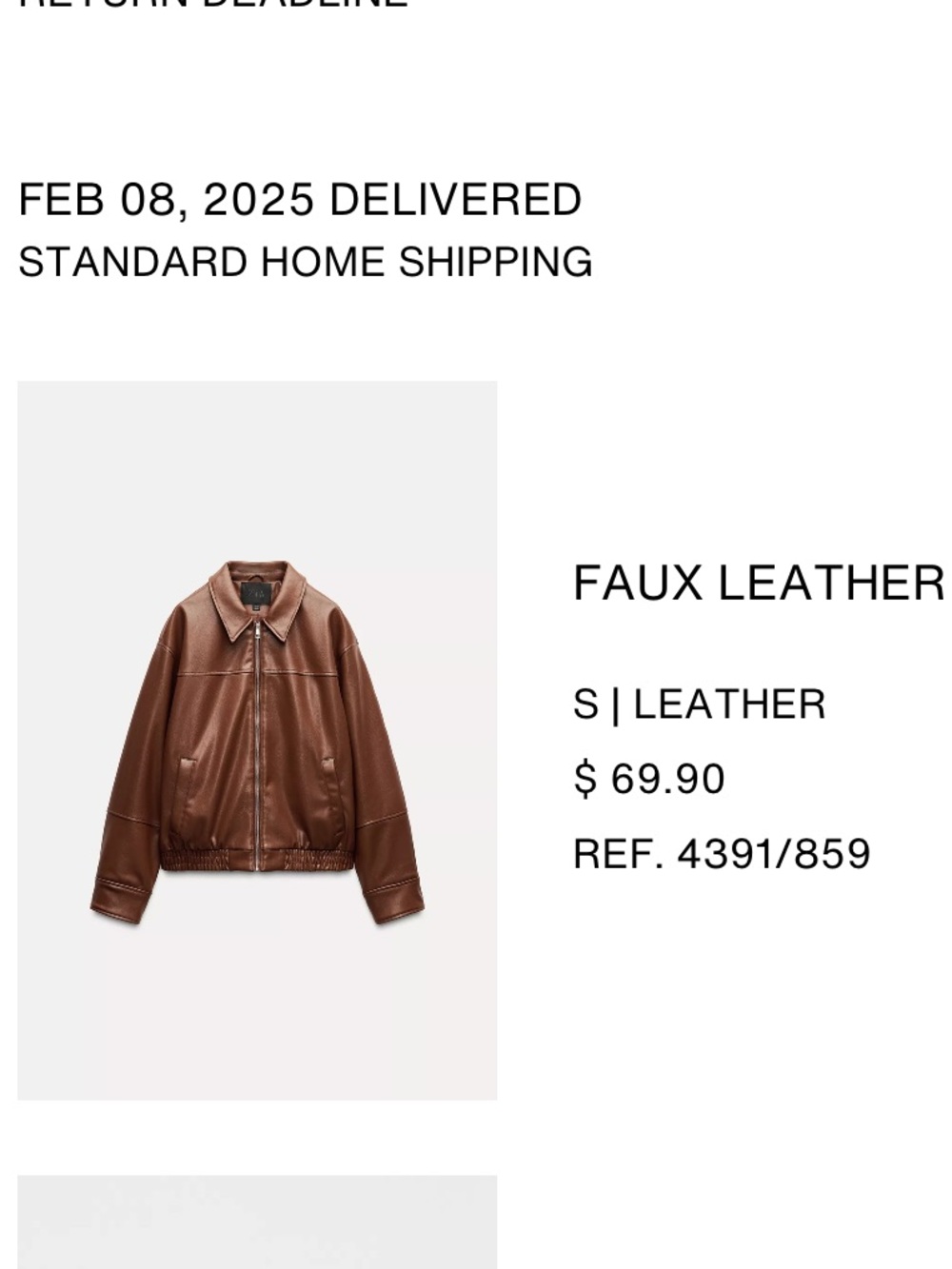 Zara Faux Leather Bomber Jacket - Brown